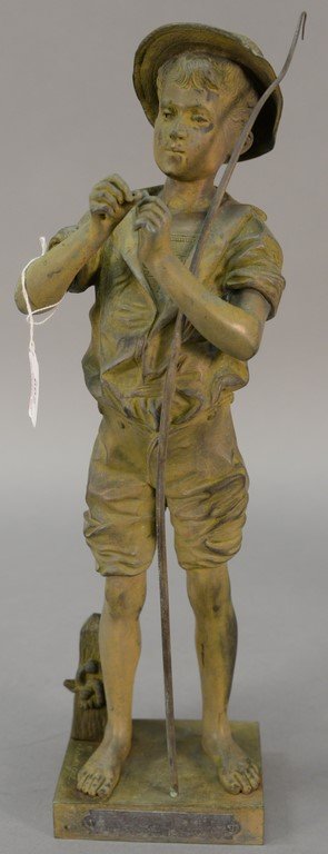 After Adolphe Jean Lavergne (1852-1901) French bronze: After Adolphe Jean Lavergne (1852-1901) French bronze figure "Pecheur Par Lavergne" Fishing Boy with Rod Baiting his Hook ht. 18 1/2in.