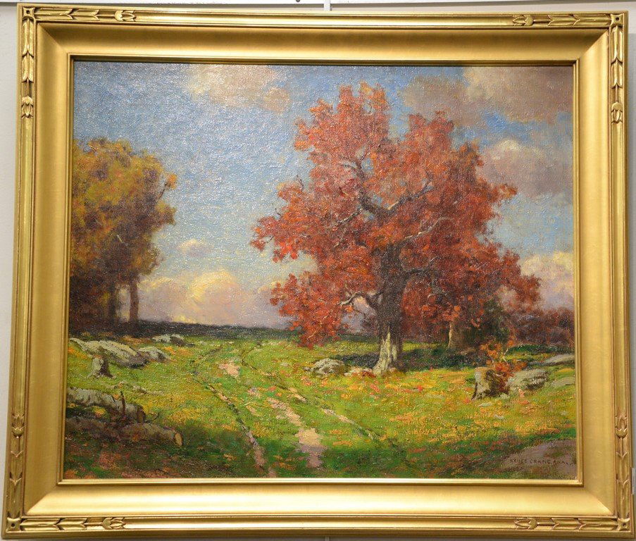 Bruce Crane (1857-1937) oil on canvas Fall Country: Bruce Crane (1857-1937) oil on canvas Fall Country Landscape The Red Maple signed lower left: Bruce Crane ANA (relined) 25" x 30"