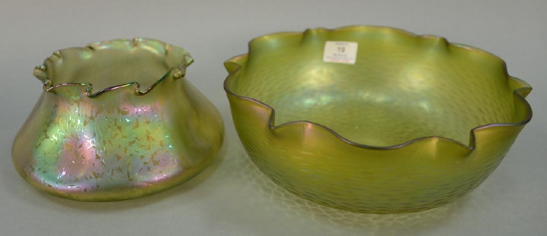 Two large art glass bowls with ruffled rims, Loetz or: Two large art glass bowls with ruffled rims, Loetz or Kralik. ht. 4in., dia. 11 1/2in. and ht. 4 1/4in., dia. 5 3/4in.