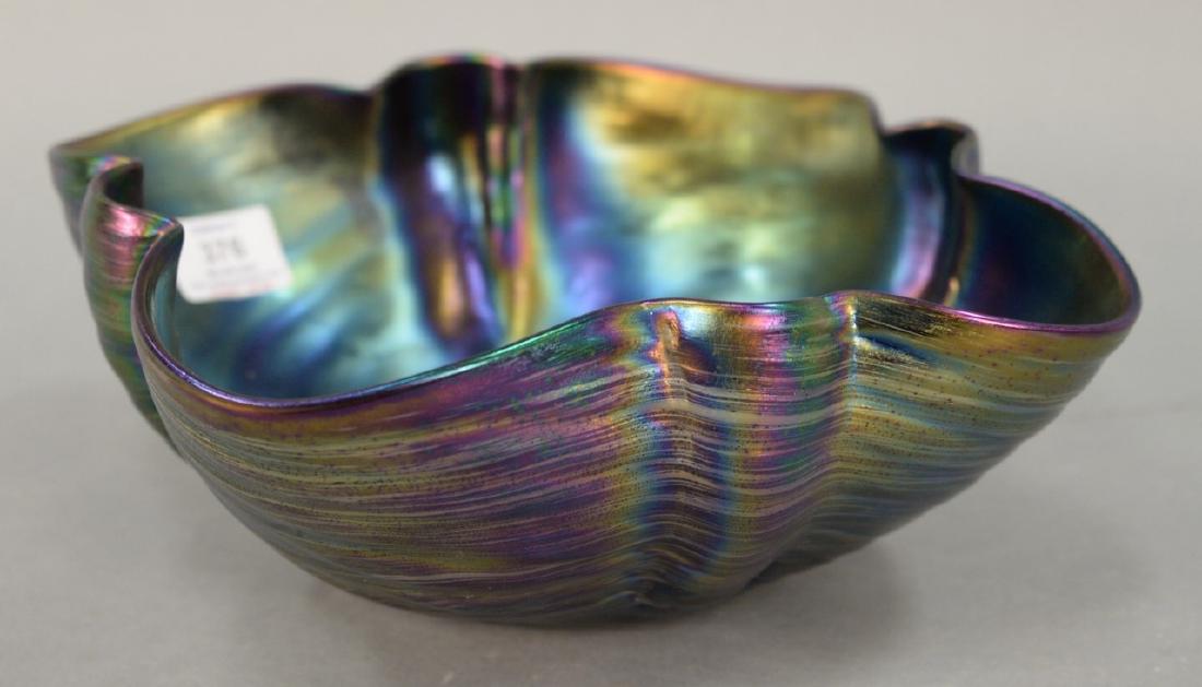 Large iridescent art glass bowl with ruffled rim: Large iridescent art glass bowl with ruffled rim attributed to Loetz or Kralik. ht. 4in., wd. 9 1/2in.