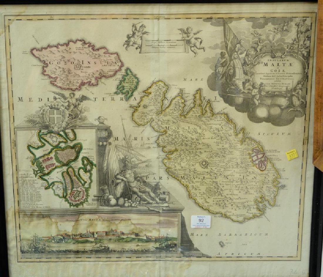 Johann Baptist Homann hand colored engraved map: Johann Baptist Homann hand colored engraved map Insularum Maltae et Gozae, Nuremberg (water stained lower left area) plate size 19 1/4" x 22 3/4"