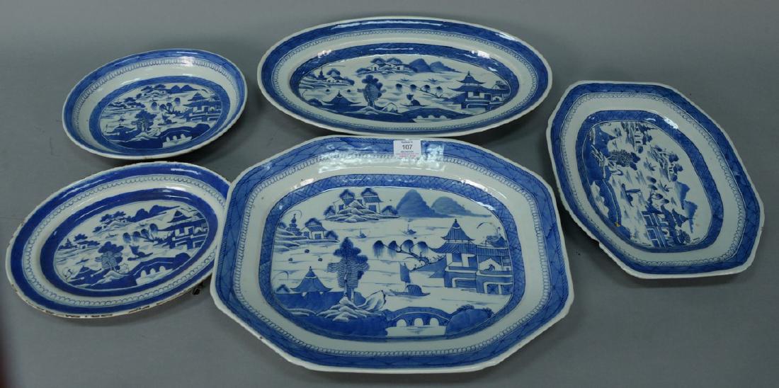 Five blue and white Canton trays including fish tray, (1 of 8)