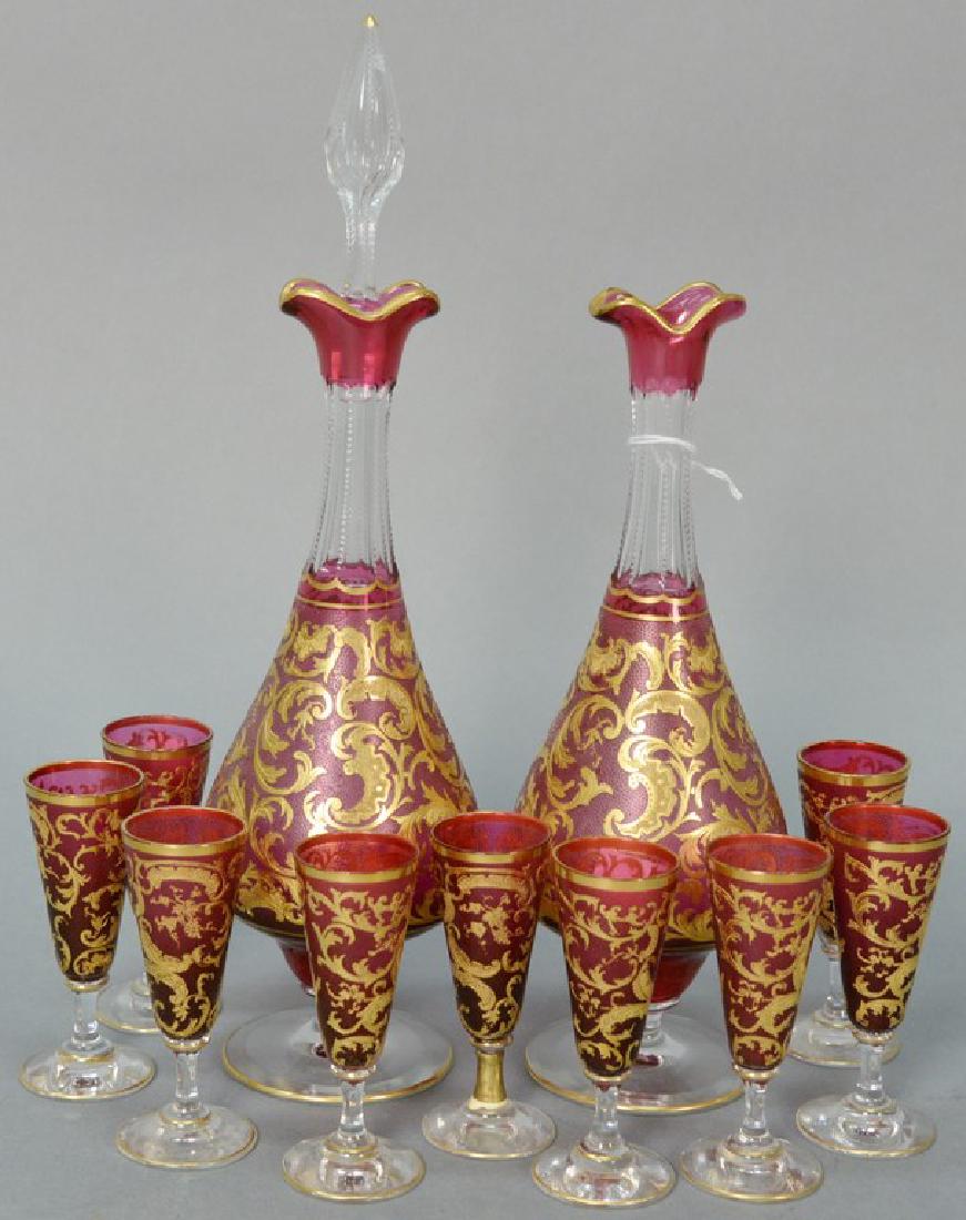 Cranberry cut to clear glass eleven piece decanter set (1 of 5)