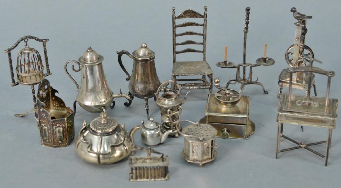 Fourteen miniature silver dollhouse tableware and (1 of 4)