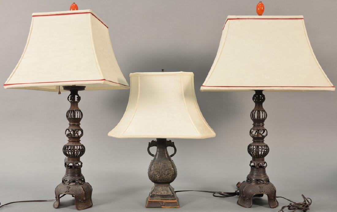 Three bronze lamps to include a pair of Japanese bronze (1 of 5)
