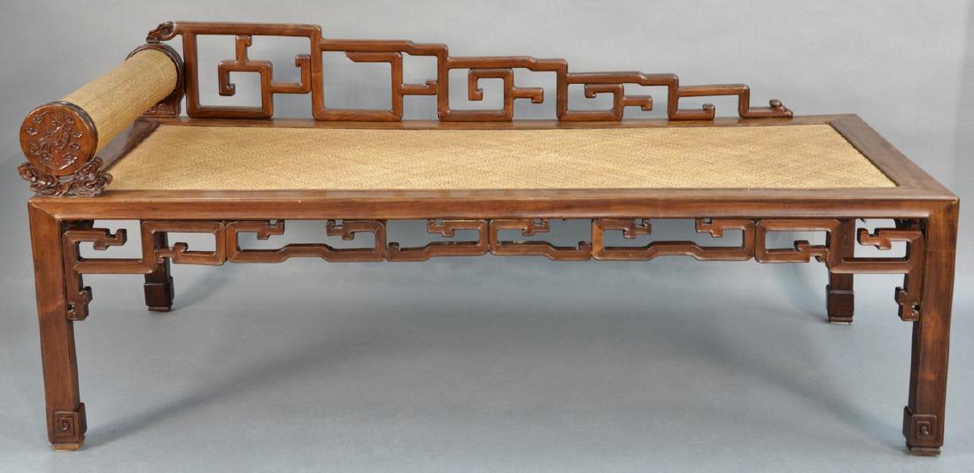 Chinese hardwood bed with woven roll arm and woven (1 of 8)