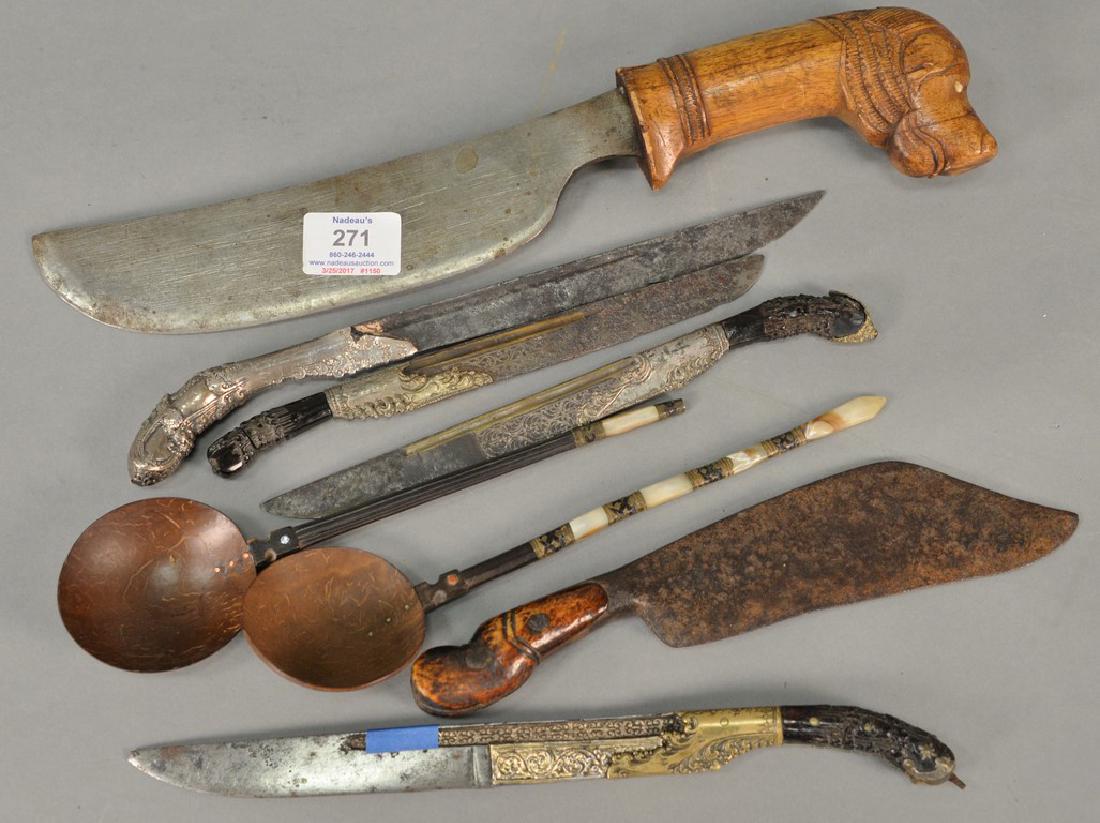 Nine piece lot with four Middle Eastern knives with: Nine piece lot with four Middle Eastern knives with horn handles and silver mounts along with knife with carved dog handles and bone handed early knife and two ottoman shebert spoons and steel pin. le