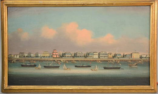 Chinese School, 19th Century  oil on paper mounted on: Chinese School, 19th Century oil on paper mounted on canvas The Bund of Shanghai depicting a detailed view of the Western Companies British and American Consulate, The Customs House, Holy Trinity Chur