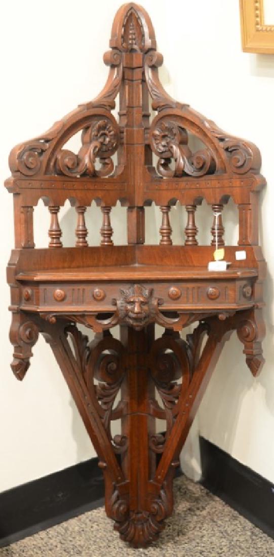 Victorian walnut hanging corner shelf with carved lion (1 of 4)