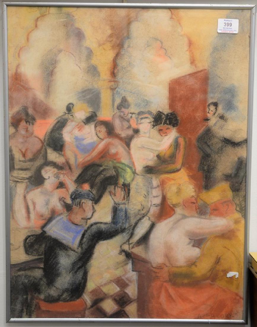 Andre Favory (1888-1937) pastel on paper Topless: Andre Favory (1888-1937) pastel on paper Topless Amongst Sailors signed lower right: A. Favory 23 1/2" x 17 3/4"