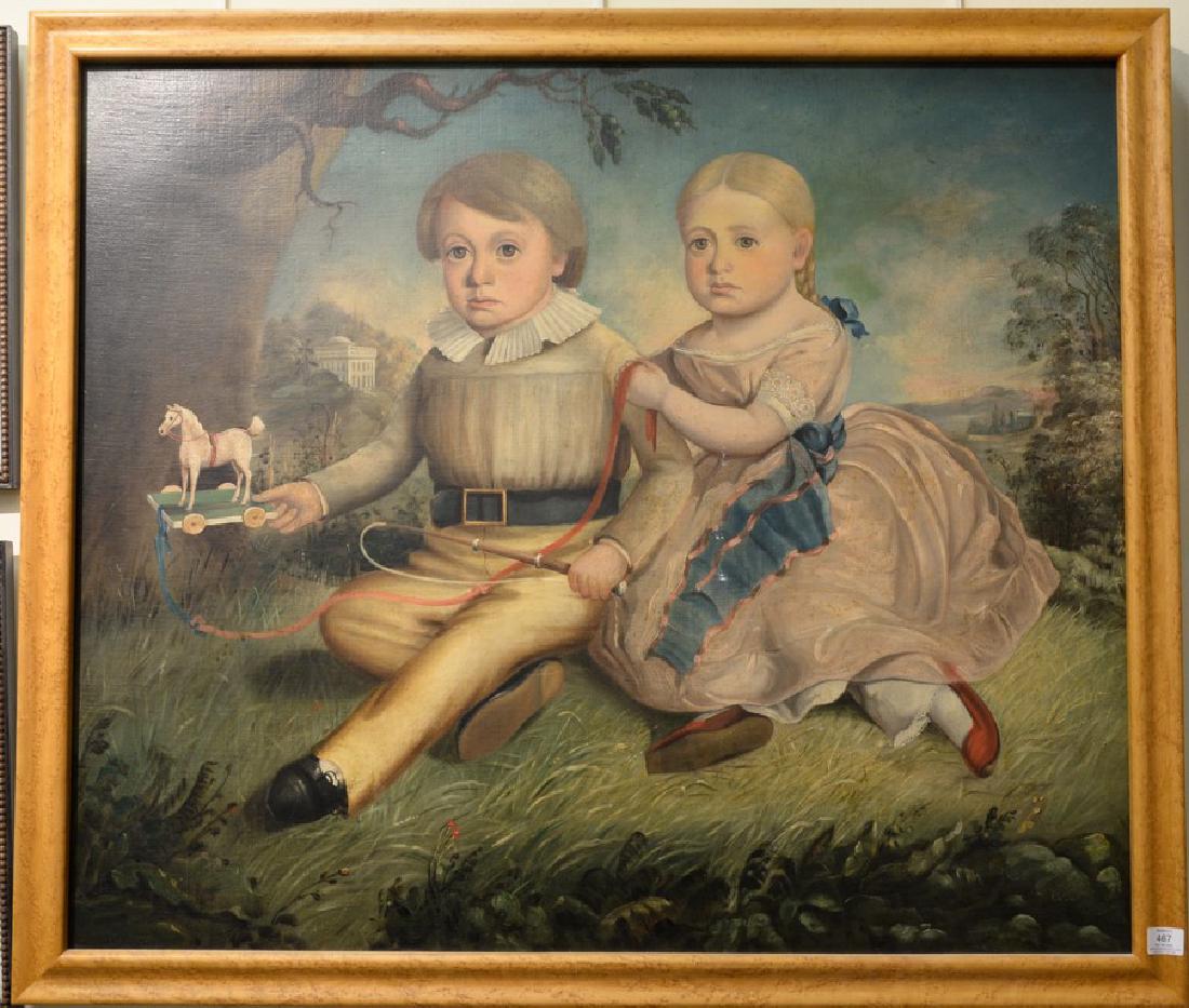 Primitive oil on canvas of two children, boy and girl, (1 of 5)