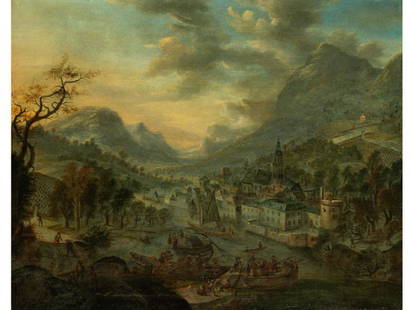Jan Griffier, 1645 Amsterdam – 1718 London: MOSELLANDSCHAFT Öl auf Eichenholz. 32 x 39,5 cm. Beigegeben ein Gutachten von Dr. Walther Bernt. Griffier wurde von Roelant Roghman (1620 - 1686) in Landschaftsmalerei und Druckgraphik ausgebildet.