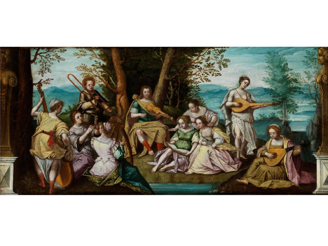 Maler der Prager Schule, beginnendes 17. Jhdt: APOLL AM MUSENBERG Öl auf Leinwand. Doubliert. 35,5 x 75 cm. Das querformatig angelegte Supraportgemälde zeigt im Zentrum den jugendlichen Apoll mit Violine, umringt von äußerst elegant gewandeten