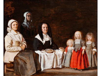 Antoine le Nain, 1588 – 1648 Paris: DREI FRAUEN MIT DREI KINDERN, UM 1640Öl auf Holz. 29,5 x 36,5 cm. Beigegeben ein Zertifikat von René Millet. Drei Frauen mit drei Kindern dargestellt, die Kinder in der Komposition an den rechten R