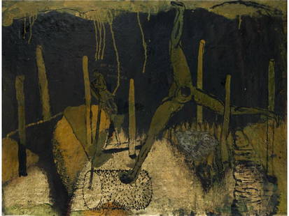 Neo Rauch, geb. 1960 Leipzig: DER BROCKEN IST EIN DEUTSCHER, 1989 Öl auf Leinwand. 72,5 x 92,2 cm. In der vibrierenden Atmosphäre des Jahres vor der Wende, als sich mit der Wiedervereinigung die für Deutschland bedeutend