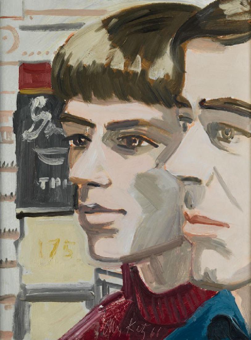 Alex Katz, geb. 1927 New York: JOHN BUTTON AND SCOTT BURTON, 1966 Ã–l auf Karton. 40,6 x 30,4 cm. Mittig unten signiert und datiert. Verso Galerieetiketten. Das kleine hochformatige GemÃ¤lde zeigt zwei Studienkollegen von Alex