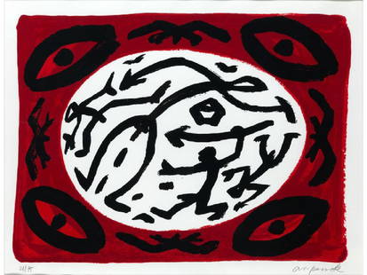 A.R. Penck: OHNE TITEL Farbserigrafie. BlattmaÃŸ: 42,5 x 58 cm. Links unten nummeriert, rechts unten signiert und datiert. Im Passepartout, hinter Glas gerahmt. Exemplar 28/ 75. (1100129) (1) (12)