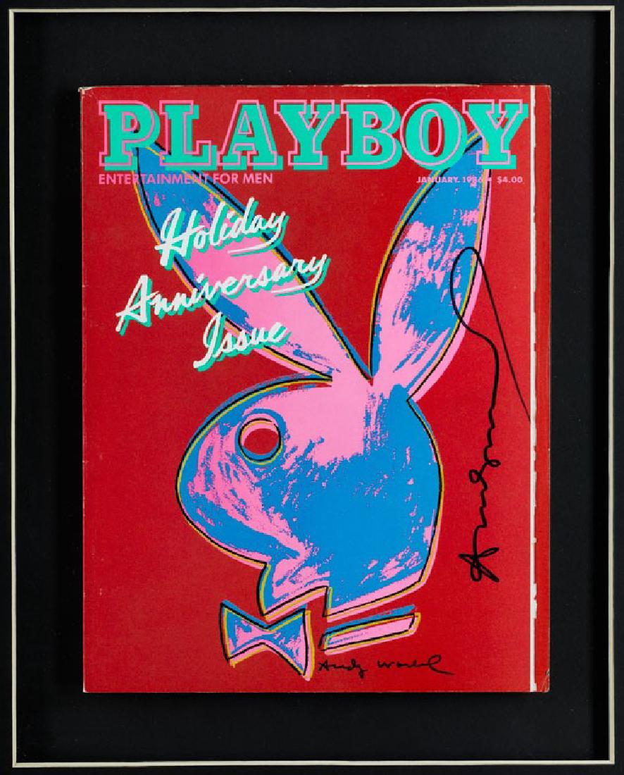 Andy Warhol, 1928 Pittsburgh â€“ 1987 New York: PLAYBOY JANUAR 1986 Farbsiebdruck. Ca. 27,5 x 19,7 cm. Rechts signiert sowie im Druck signiert. Hinter Glas gerahmt. Zertifikat der Gallerie EF Aste, mailand.Gerahmt beschrieben.Provenienz:P