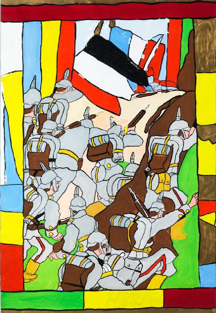 Josef Wittlich: SOLDATEN Tempera auf Papier. SichtmaÃŸ: 61 x 90 cm. Mittig unten signiert. Im Passepartout, hinter Glas gerahmt.Fehlstellen in der Malschicht. Gerahmt beschrieben. (1100097) (12)