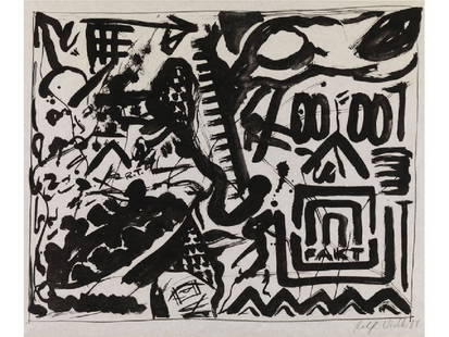 A.R. Penck: FAKT, 1980 Lithografie. SichtmaÃŸ: 62 x 74 cm. Rechts unten signiert und datiert â€žRalf Winkler 80â€œ. Im Passepartout, hinter Glas gerahmt. Papier minimal gebrÃ¤unt und leicht knittrig.G