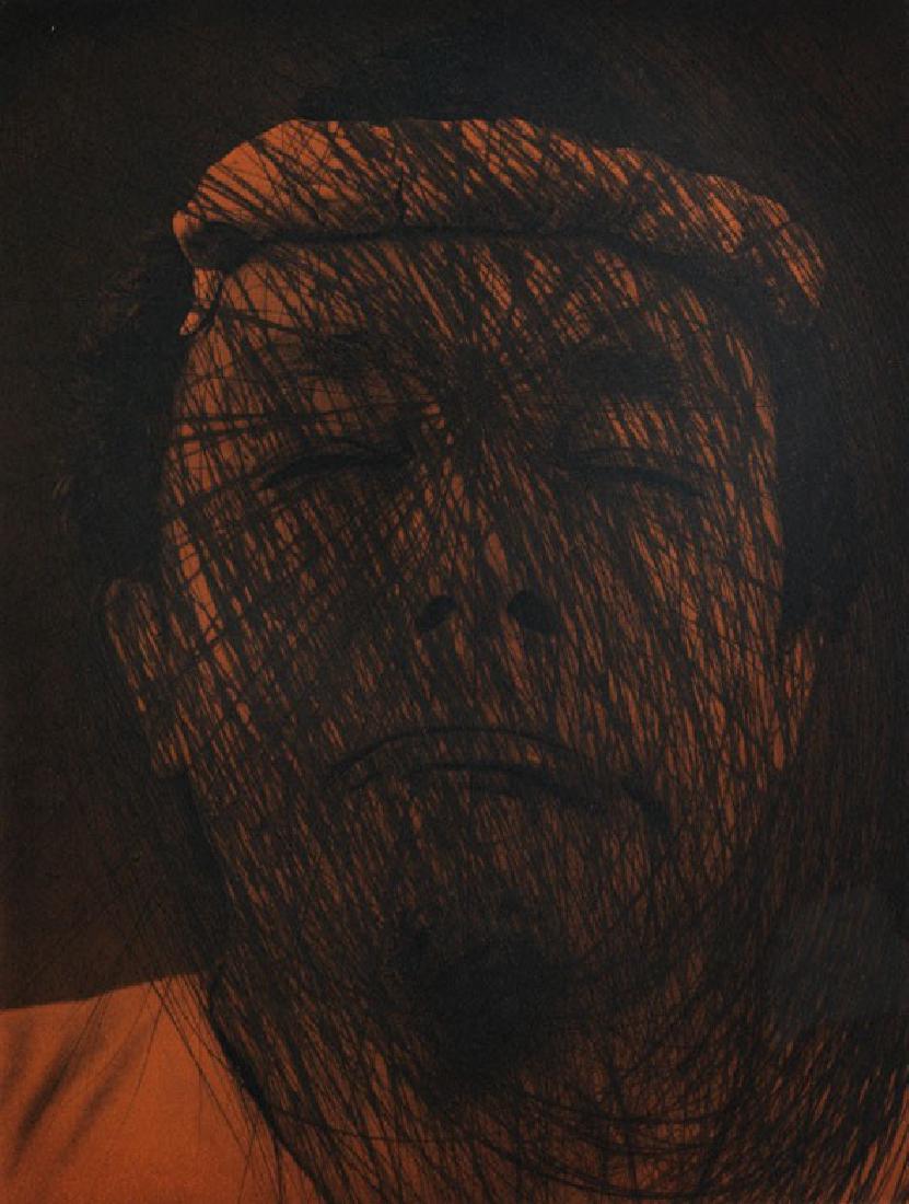 Arnulf Rainer: SELBSTPORTAIT IN KOPFSCHMERZ, 2001 Farbradierung auf BÃ¼ttenpapier. PlattenmaÃŸ: 40 x 30 cm. BlattmaÃŸ: 78 x 56 cm. Links unten nummeriert, rechts unten signiert. Hinter Glas gerahmt. Exemplar 7