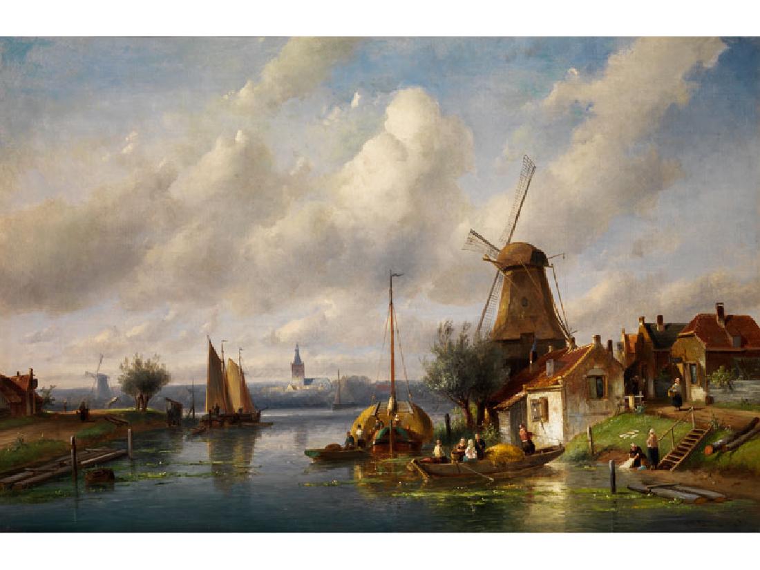 Charles Henri Joseph Leickert: HOLLÄNDISCHE SOMMERLANDSCHAFT MIT FIGUREN AN EINEM FLUSS SOWIE MÜHLE Öl auf Leinwand. 80 x 120 cm. Rechts unten signiert und datiert „33“. In der linken Bildhälfte schlängelt sich ein Fluss i