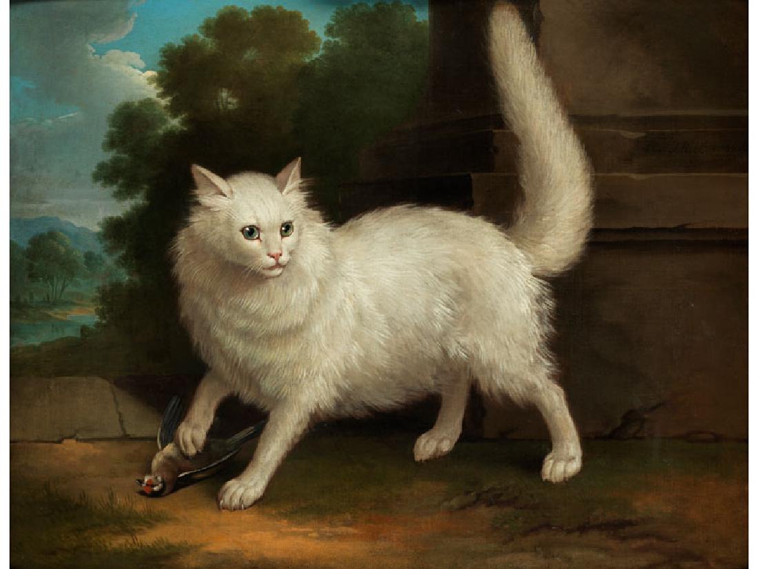 Christophe Huet, 1700 – 1759: WEISSE ANGORAKATZE MIT ERBEUTETEM VOGEL Öl auf Leinwand. 62 x 79 cm. Oben rechts signiert und datiert "1759". In aufwändig gestaltetem vergoldeten Rahmen im Louis XV-Stil. Huet war Sohn eines Goldsc