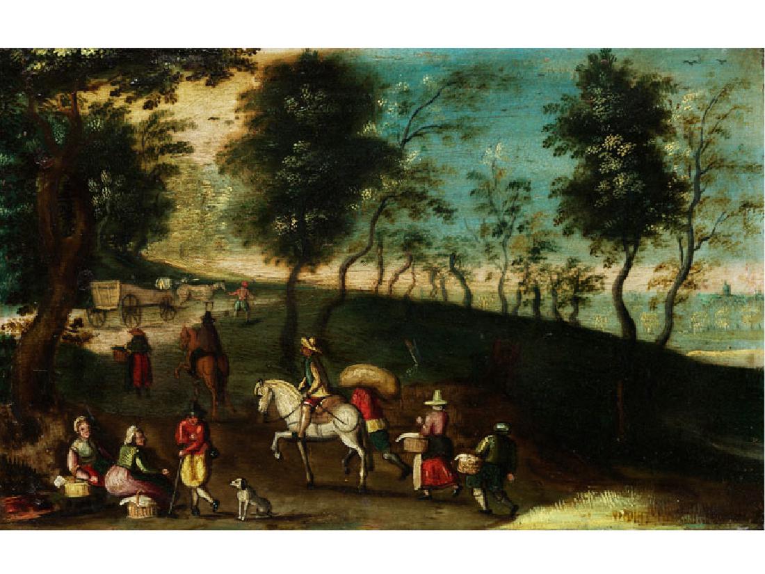 Jacob Grimmer, 1525 – um 1590, Art des: LANDSCHAFT MIT REISENDEN UND RASTENDEN Öl auf Kupfer. 11,5 x 18 cm. Im Flammleistenrahmen. (1110759) (12)