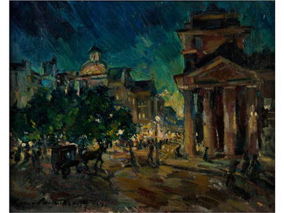 Konstanton A. Korovin: PARIS BEI NACHT Ã–l auf Leinwand. 40 x 50 cm. Links unten signiert und datiert. Gerahmt. (1081376) (2) Konstantin Alexeievitch Korovin, 1861 Moskau - 1939 Paris PARIS BY NIGHT Oil on canvas.