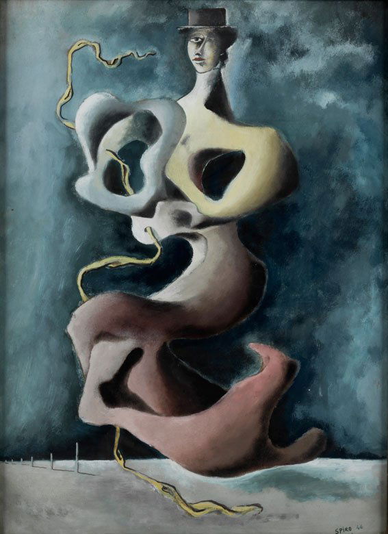Georges Spiro, 1909 Warschau - 1994 Nizza: SURREAL ABSTRAHIERTE FRAUENGESTALT MIT HUT Tempera/ Mischtechnik auf Karton.Ca. 73 x 52,5 cm. Rechts unten signiert und datiert â€ž(19)46â€œ. Hinter Glas gerahmt. (1080633) (11)
