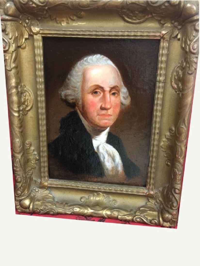 Oil on Board of Washington Portrait, Gilbert Stuart: Gilbert Charles Stuart (1755 - 1828) was an American painter; 7 3/4â€ x 6â€. Provenance: Goldfield Galleries, Los Angeles, the first gallery in west coast specializing in American and California