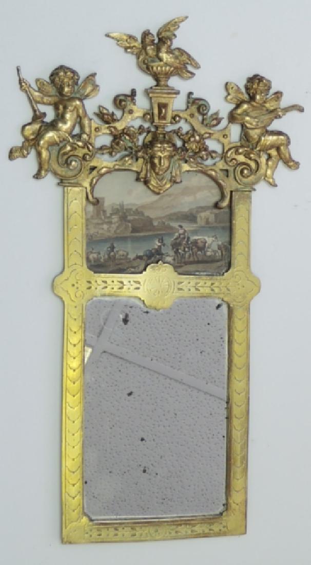 Antique Gilt Framed Mirror: Circa 18 century. Size: 19 1/2 x 11 in. Provenance: private Beverly Hills collection.