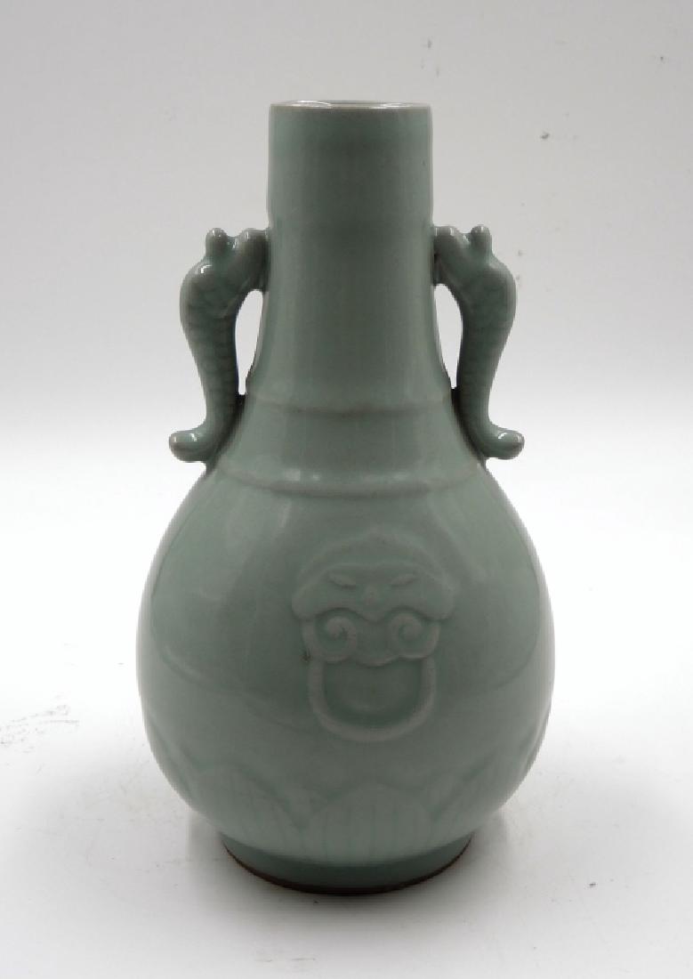 Chinese Celadon Vase: H: 9 1/4 in. Provenance: private Beverly Hills collection.
