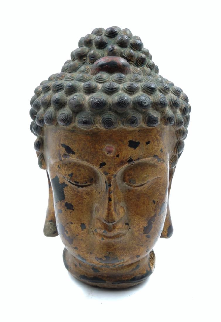 Chinese Carved Wooden Buddha Head: H: 9 1/4 in. Provenance: private Beverly Hills collection.