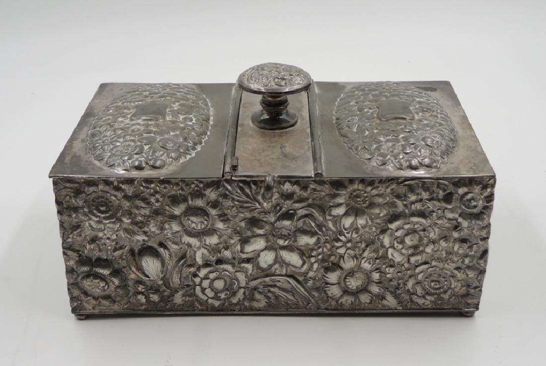Silver Box: Mark on the base. Size: 5 x 8 1/2 x 4 1/2 in. Provenance: private Beverly Hills collection.