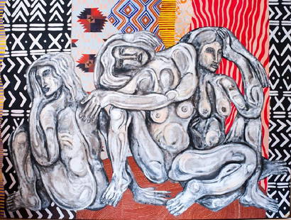 Large-scale Oil on Canvas, Zio Ziegler: "Euclidean Women", 2014; 6 x 8 ft. (183 x 243 cm). Zio Ziegler (born 1988) is an American artist known best for his paintings and murals, many of which appear in the Mission District of San 