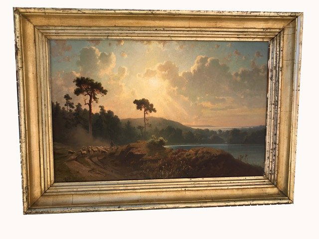 Lev Felixovich Lagorio (Russian, 1827-1905): Title:Shepherd and Flock by a Lake; oil on canvas; 18” x 28”. Lev Felixovich Lagorio was a Russian painter and watercolorist, known primarily for his seascapes and maritime scenes. He was associat