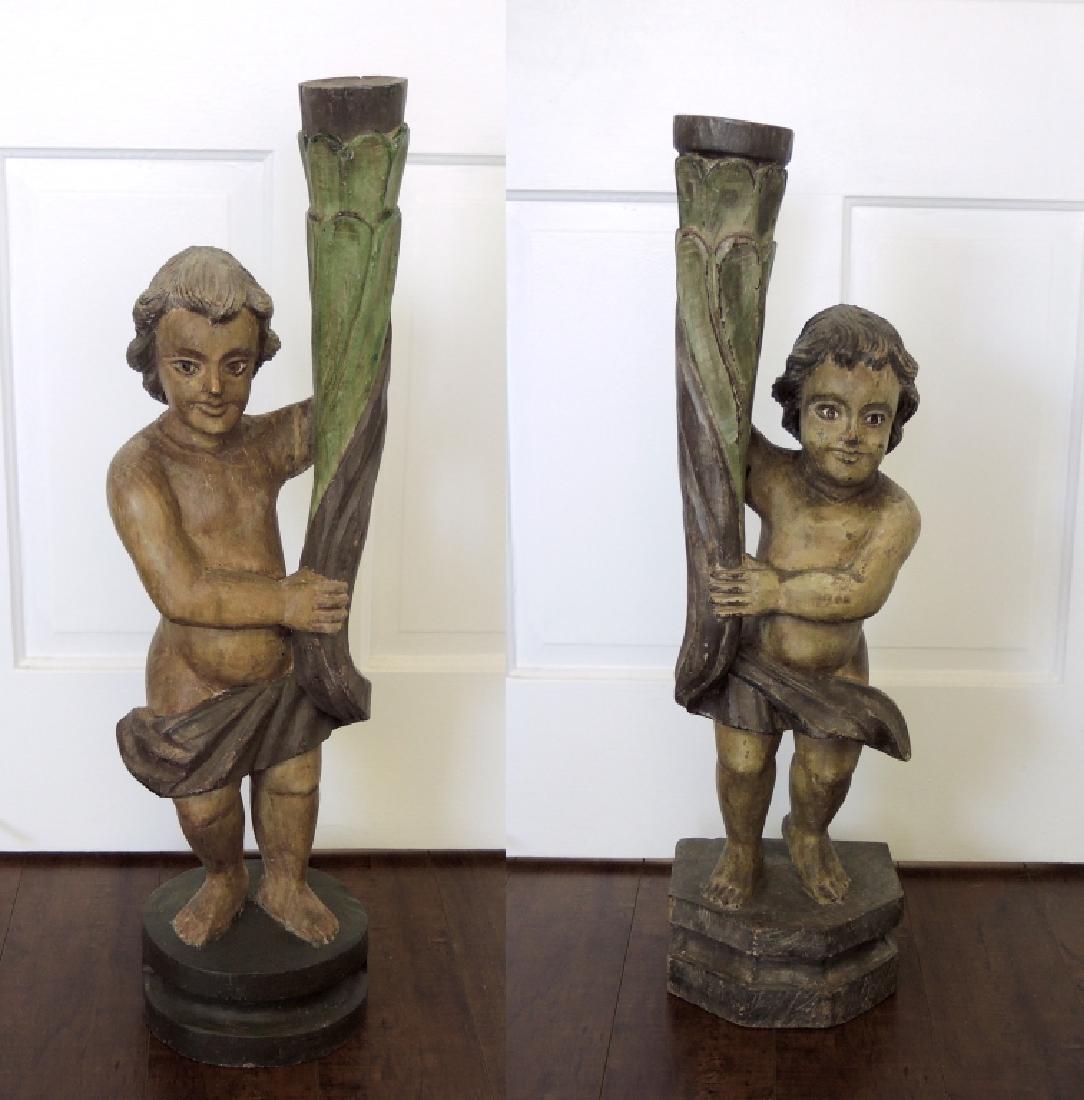 Pair of Large Carved Wood Putti Candlesticks (1 of 5)