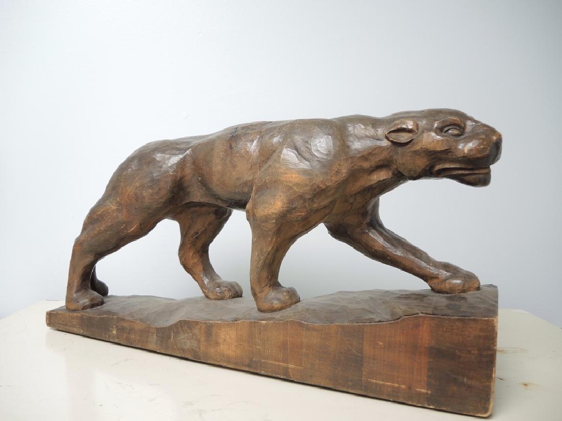 Antique Hand Carved Wooden Tiger: Signed Robert Rietschel Weimar. 24 x 12 x 5 1/2 in.; Weight: 16 lbs. 5 oz. Provenance: private Beverly Hills collection.