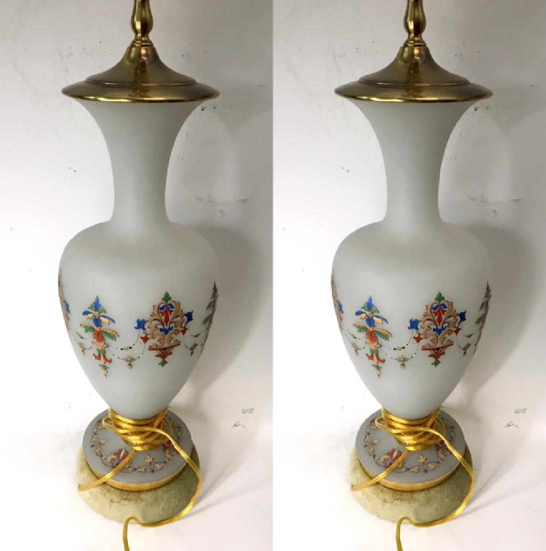 Pair of French White Opaline Glass Lamps: H: 35 1/4 in. Provenance: private Beverly Hills collection.