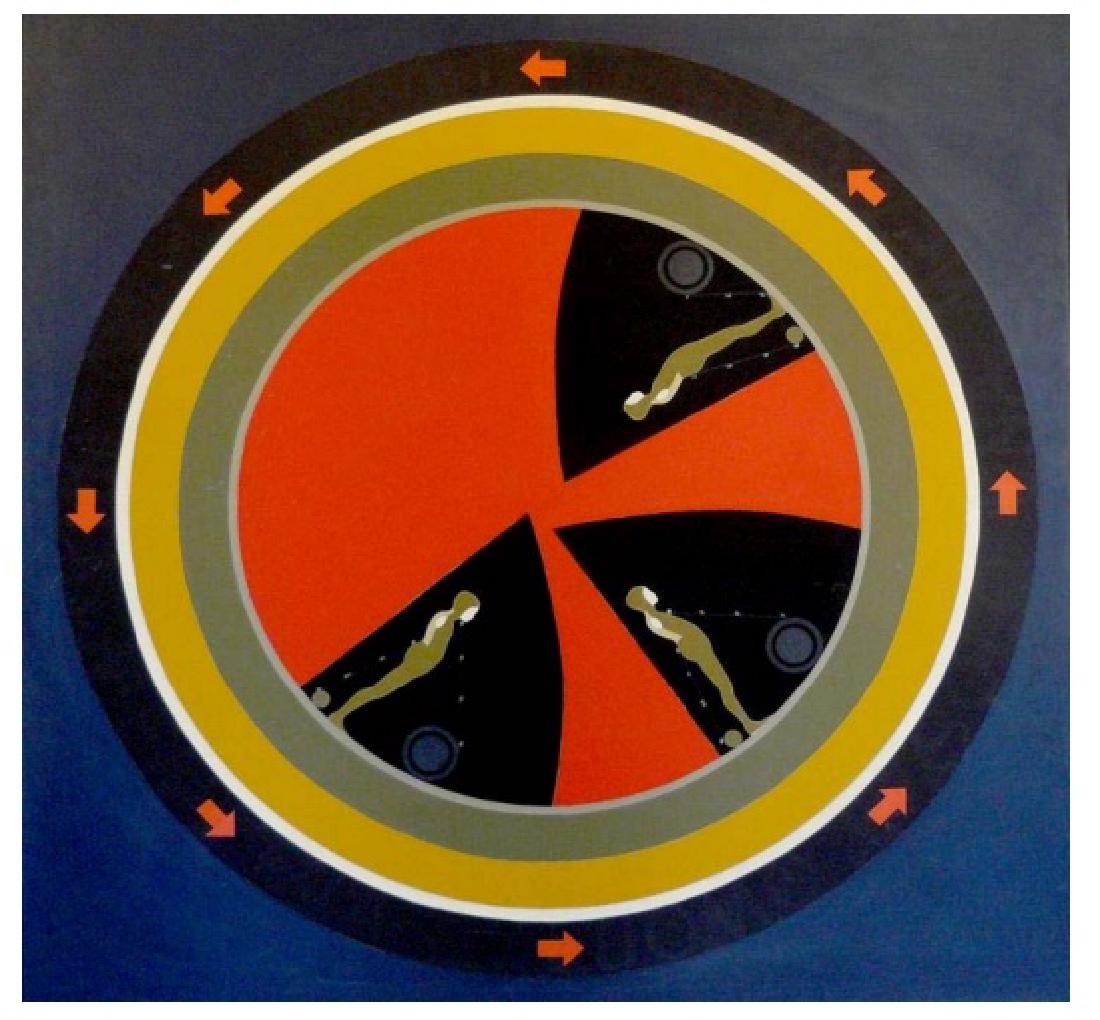 Ernest Trova (1927-2009): was a self-trained American surrealist and pop art painter and sculptor. Best known for his signature image and figure series. ÒUomo Solo Una MemorialeÓ (Study/Falling Man), liquitex on canvas, 66 x