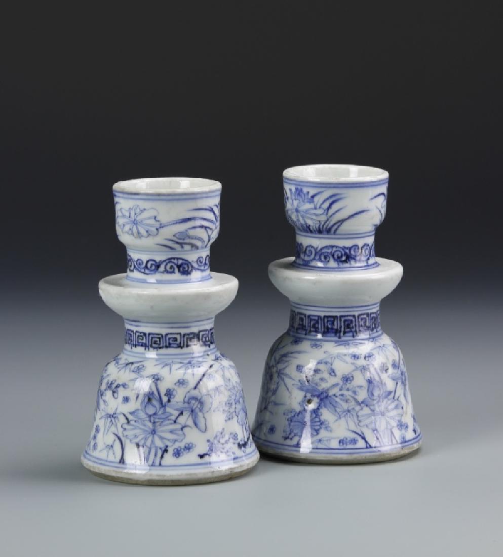 Pair of Chinese Blue and White Candle Sticks (1 of 6)