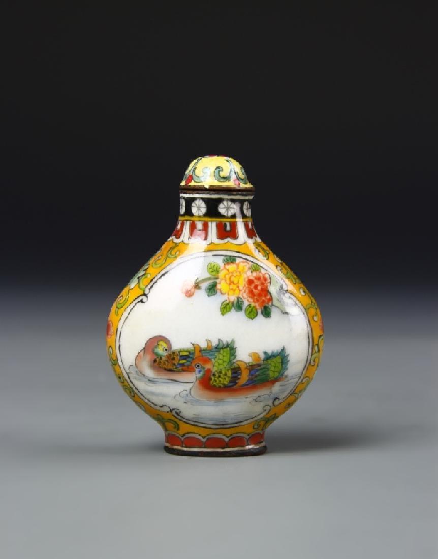 Chinese Enameled Snuff Bottle: China, 19th C., enameled snuff bottle, on a slightly raised base, with rounded shoulders, with brightly painted image of two ducks at the center, with stopper, Qianlong mark. Height 2 1/2 in.