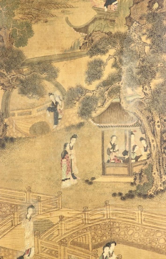 Chinese Landscape Painting: China, framed landscape painting, depicting multiple, robed female figures standing in a colorful landscape. Width 16 in., Height 32 in.