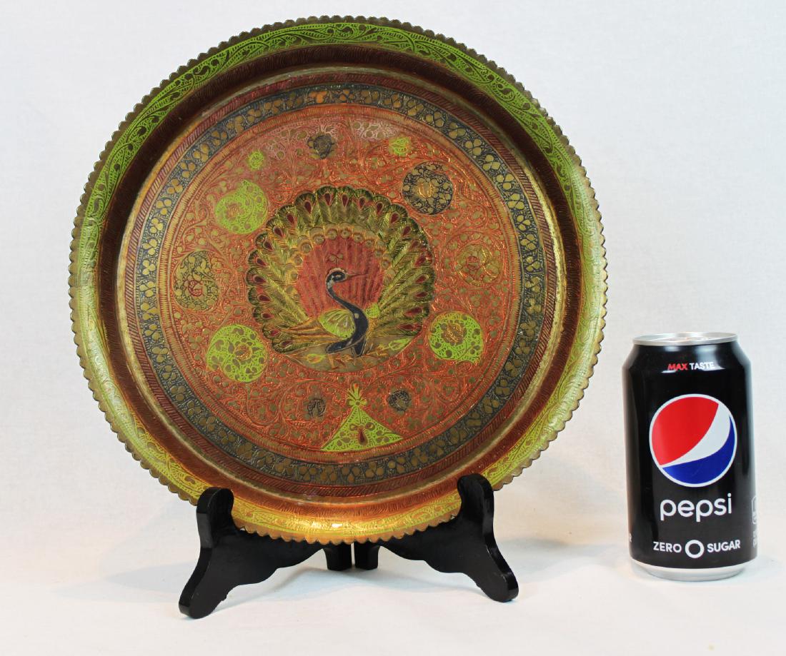 Vintage India Brass Tray Enamel Peacock in the Center (1 of 5)