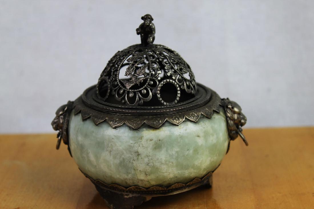 Antique Incense Burner Made w/ Jade & Silver: 4''x3.5''. Made with jade and 99% sterling silver.