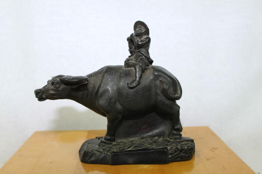 Antique Fluting Boy On a Cow Statue: 7''x6''x3''