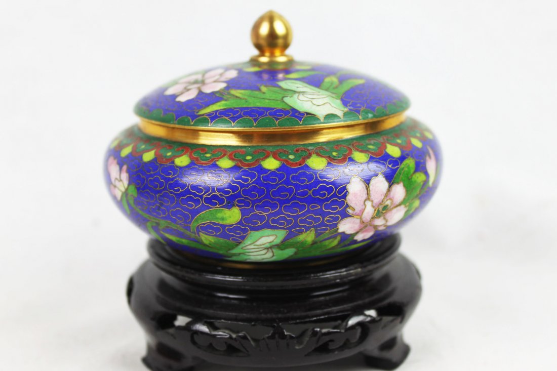 Chinese Cloisonne Bowl w/wood stand (1 of 6)