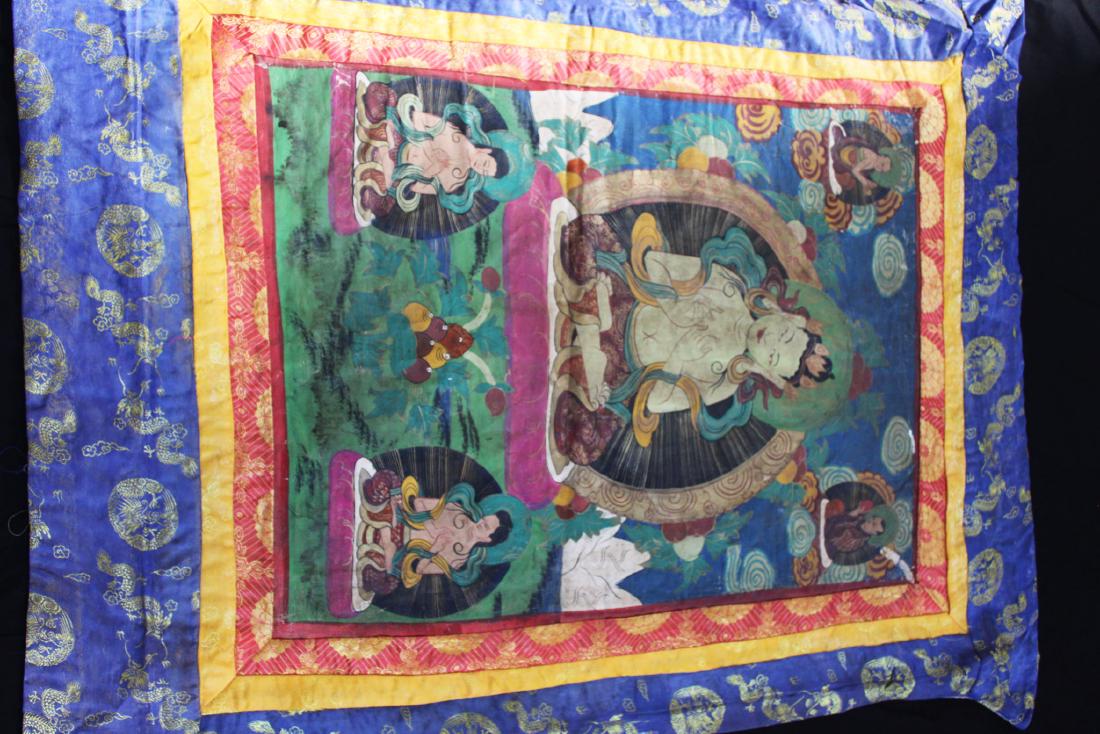 19c Tibetan thangka GODDESS MARICI: Rare 19th century Sino-Tibetan thangka depicting eight armed Goddess Marici seated on a lotus throne and holding various weapons, with Boddhisattva Manjushri depicted above her. Marici is worshiped as