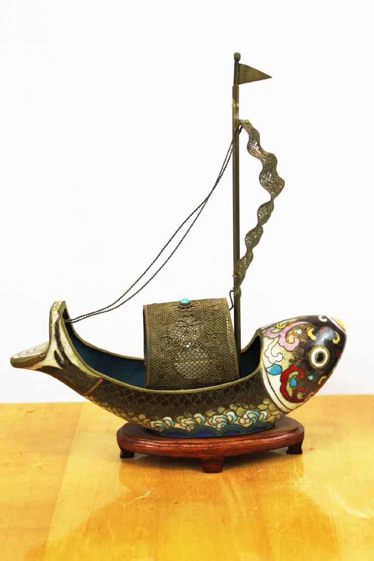 Antique Asian Cloisonne Bronze Fish Boat (1 of 10)